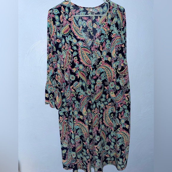Women’s 3X Emerald Navy Blue Paisley 3/4 Sleeve Dress - Picture 1 of 3
